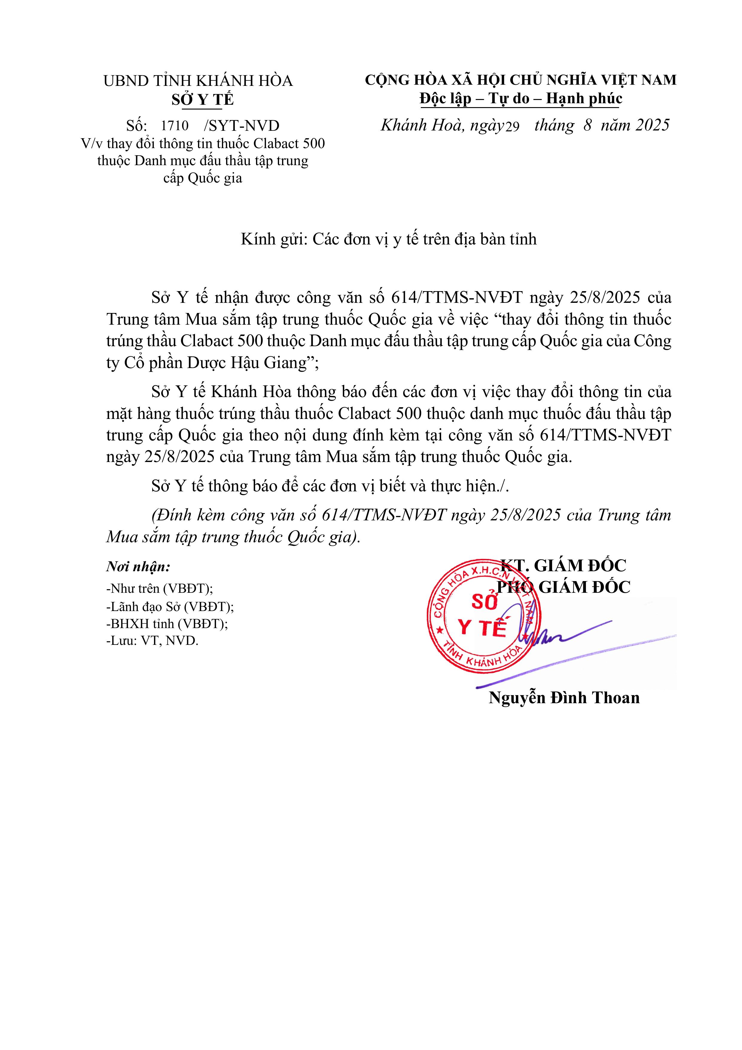 V/v thay đổi thông tin thuốc Clabact 500 thuộc Danh mục đấu thầu tập trung cấp Quốc gia
